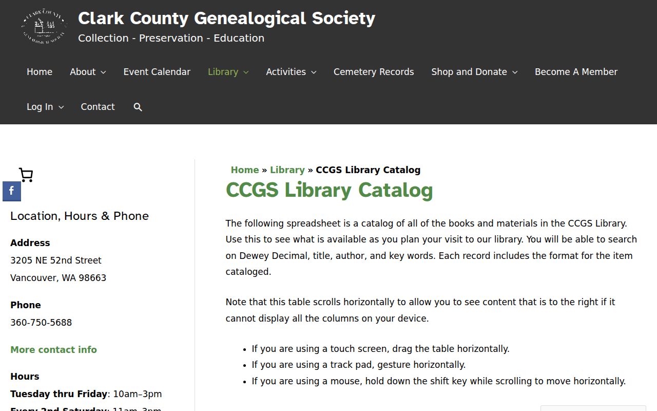 Clark County Genealogical Society catalog used for Hazel Dell directory research