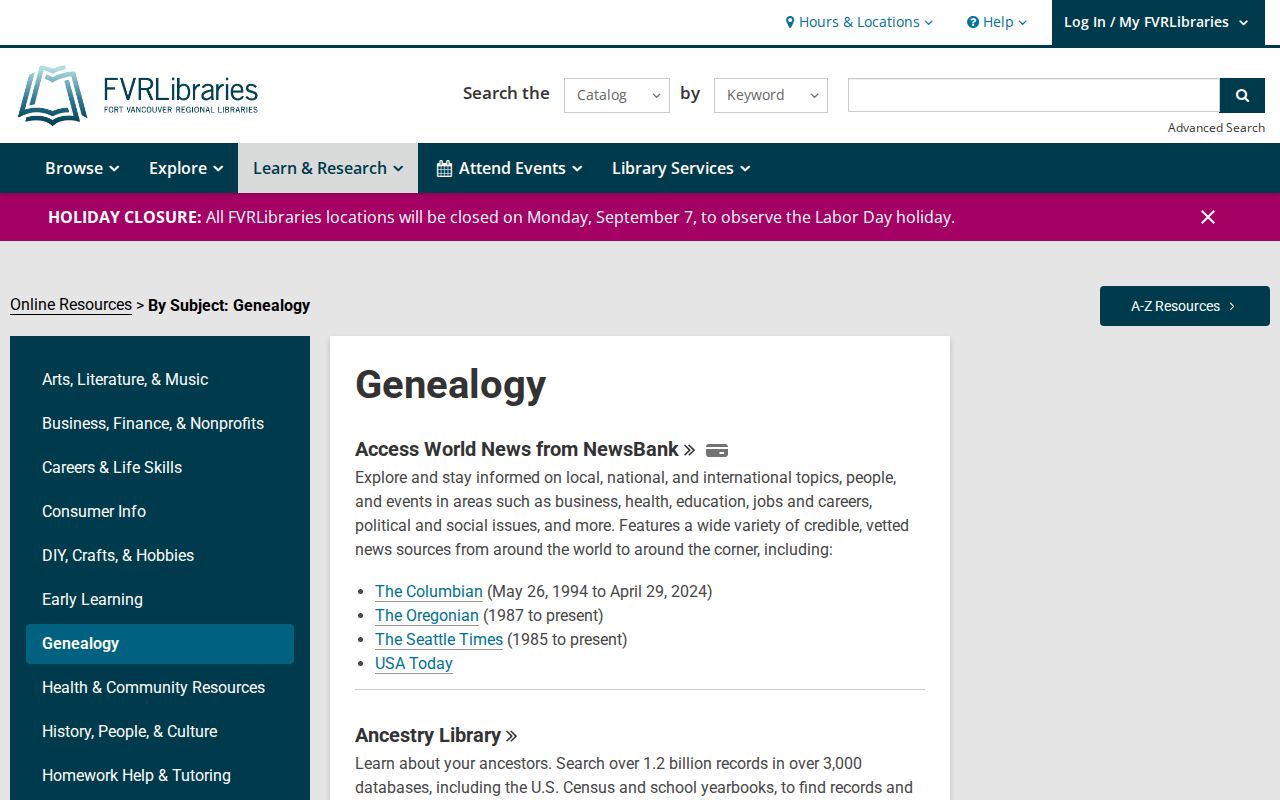 Fort Vancouver Regional Libraries genealogy page for Hazel Dell city directory research